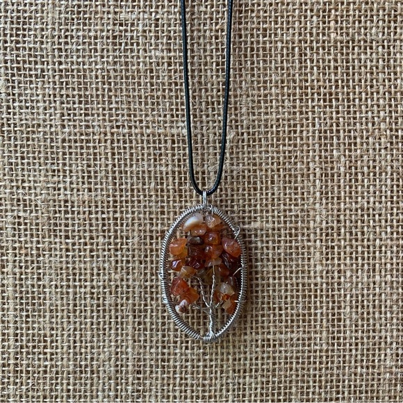 Red Carnelian Crystal Tree of Life Wire Wrapped Pendant Necklace Adjustable Cord - Picture 2 of 8